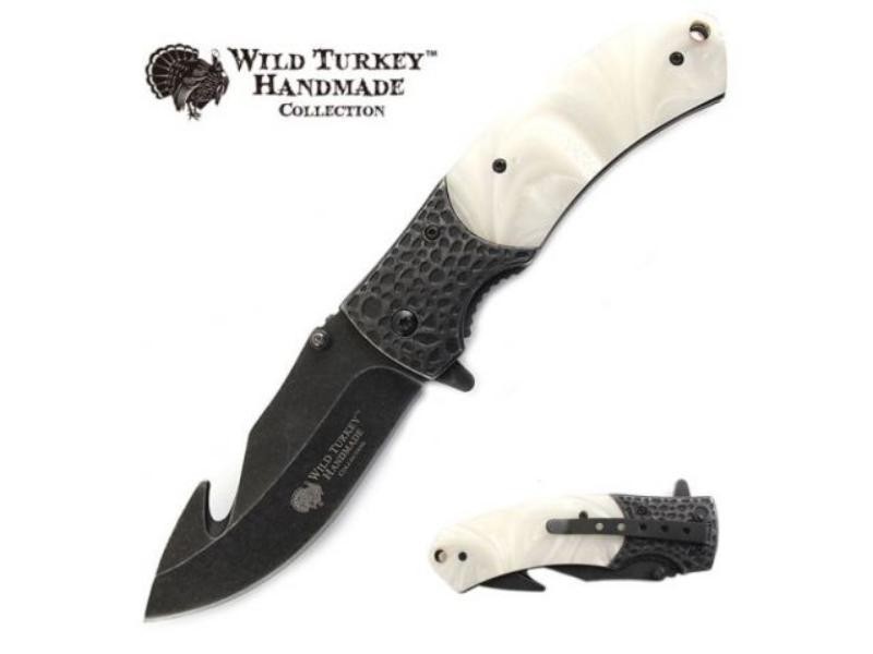 Wild Turkey Handmade Gut Hook White Pearl Handle Spring Assisted Knife