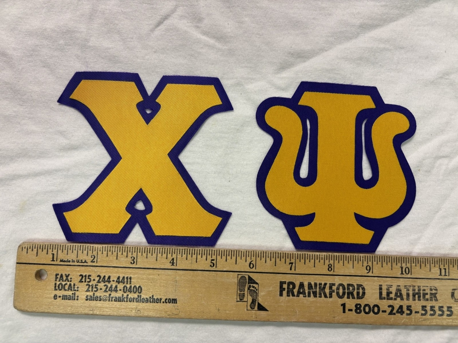 Chi Psi 4″ Greek Twill Sew On Letters Gold/Purple Adhesive Backing