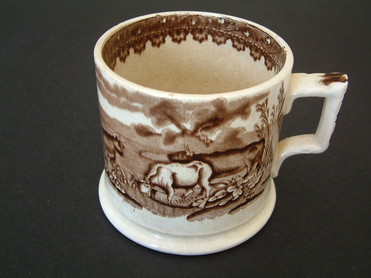 Antique Brown Transfer Ware Mug Pastoral Cows
