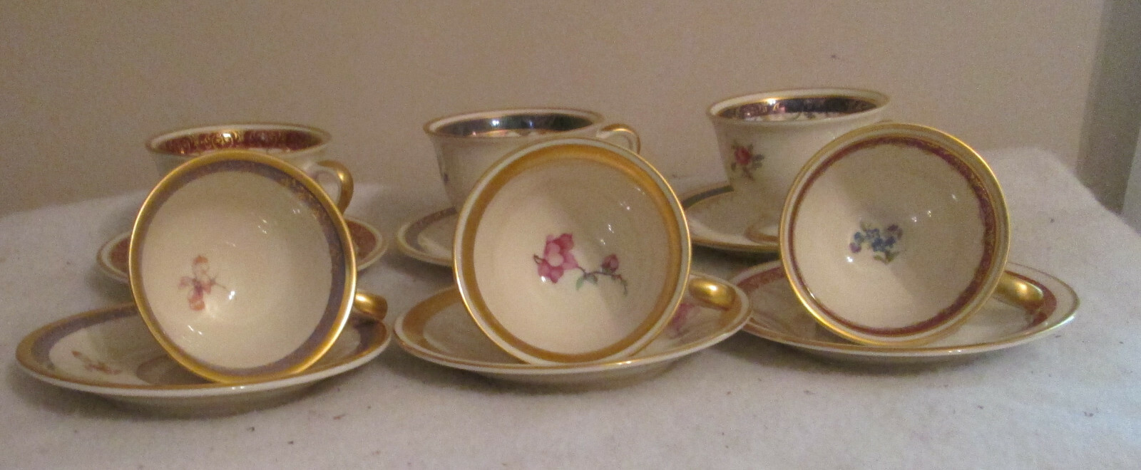 6 SETS OF PICKARD T-CUP & SAUCER HAND PAINTED GOLD TRIM