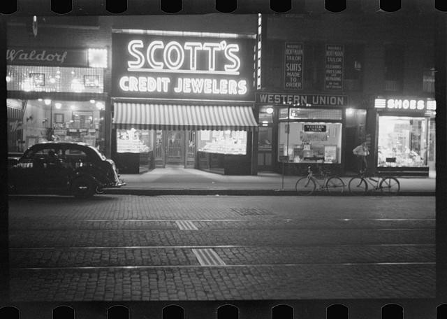 Manchester New Hampshire 1937 Scotts Credit Jewelers Western Union Street Night