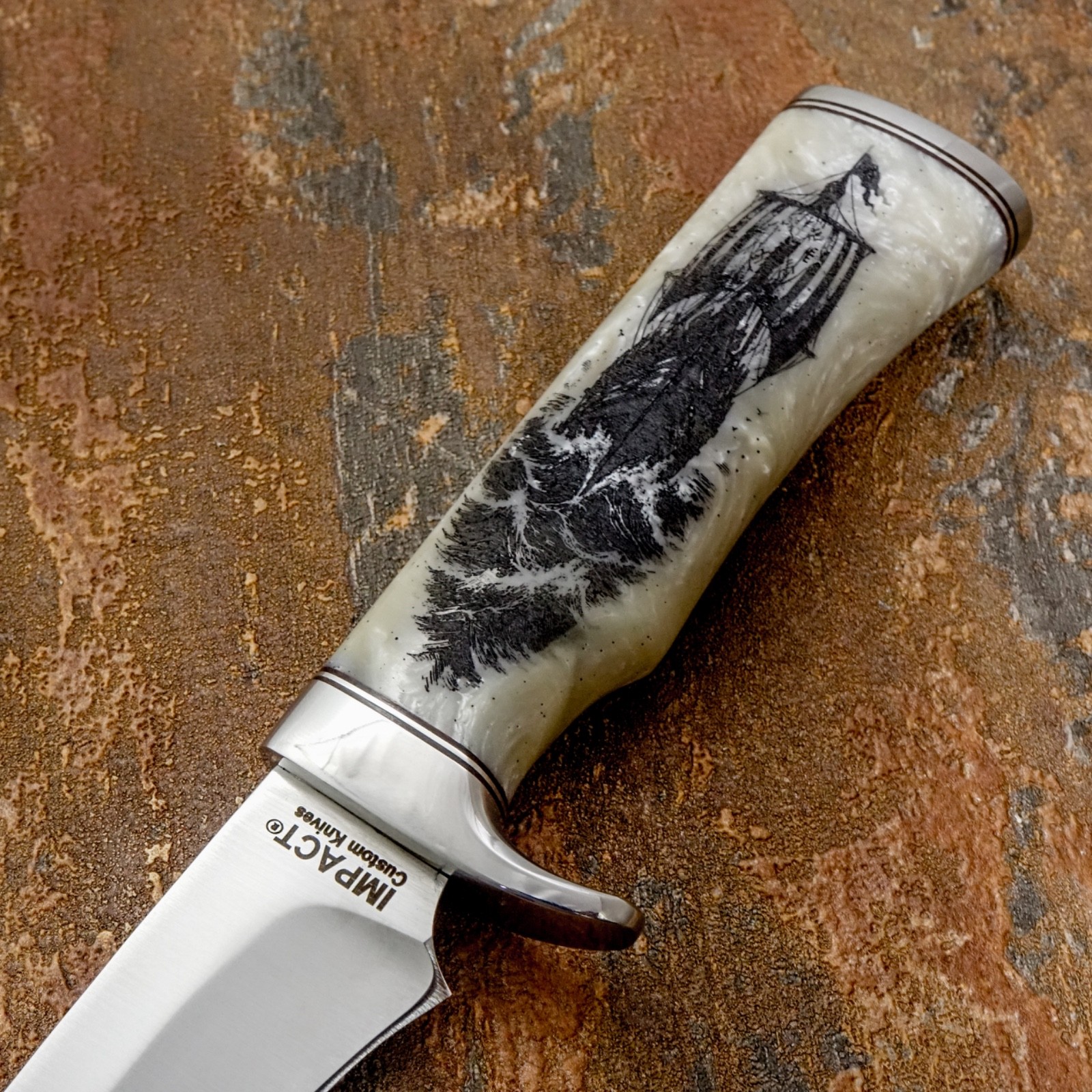 Model # 7794 Impact Cutlery Custom Hand Made Bowie Knife Engraved Pearl Resin D2