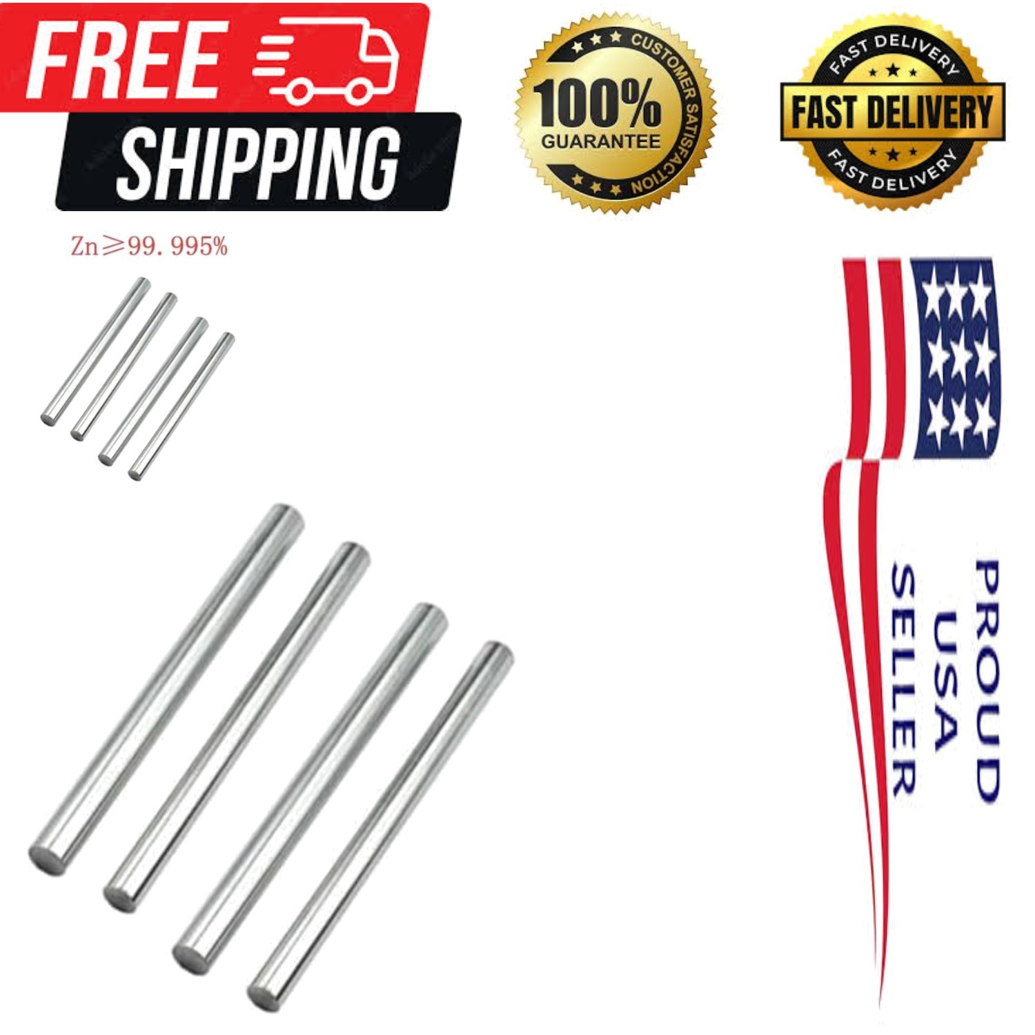 4PCS Pure Zinc Rod 100mm x 10mm, High Pure Zinc Rods, High Purity 99.995%, Le…