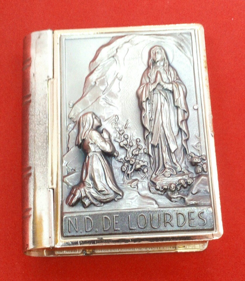 Our Lady of Lourdes Silver-Plated Bible-Shaped Rosary Box/Pill Box Made in Italy