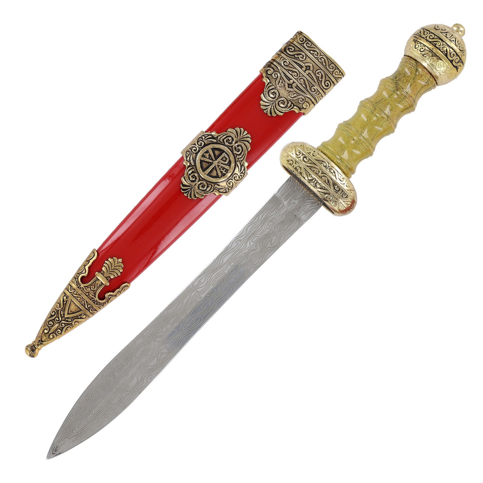 10″ Roman Gladius Dagger: Etched Wave Blade – Royal Red & Gold Pugio Dagger
