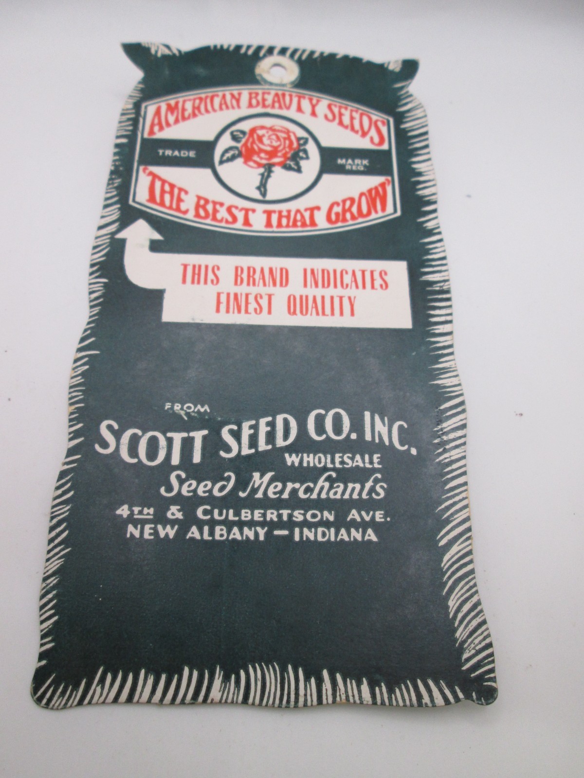 Vtg Seed Bag Shaped Tag American Beauty Seeds, Scott Seed Co, New Albany, IN