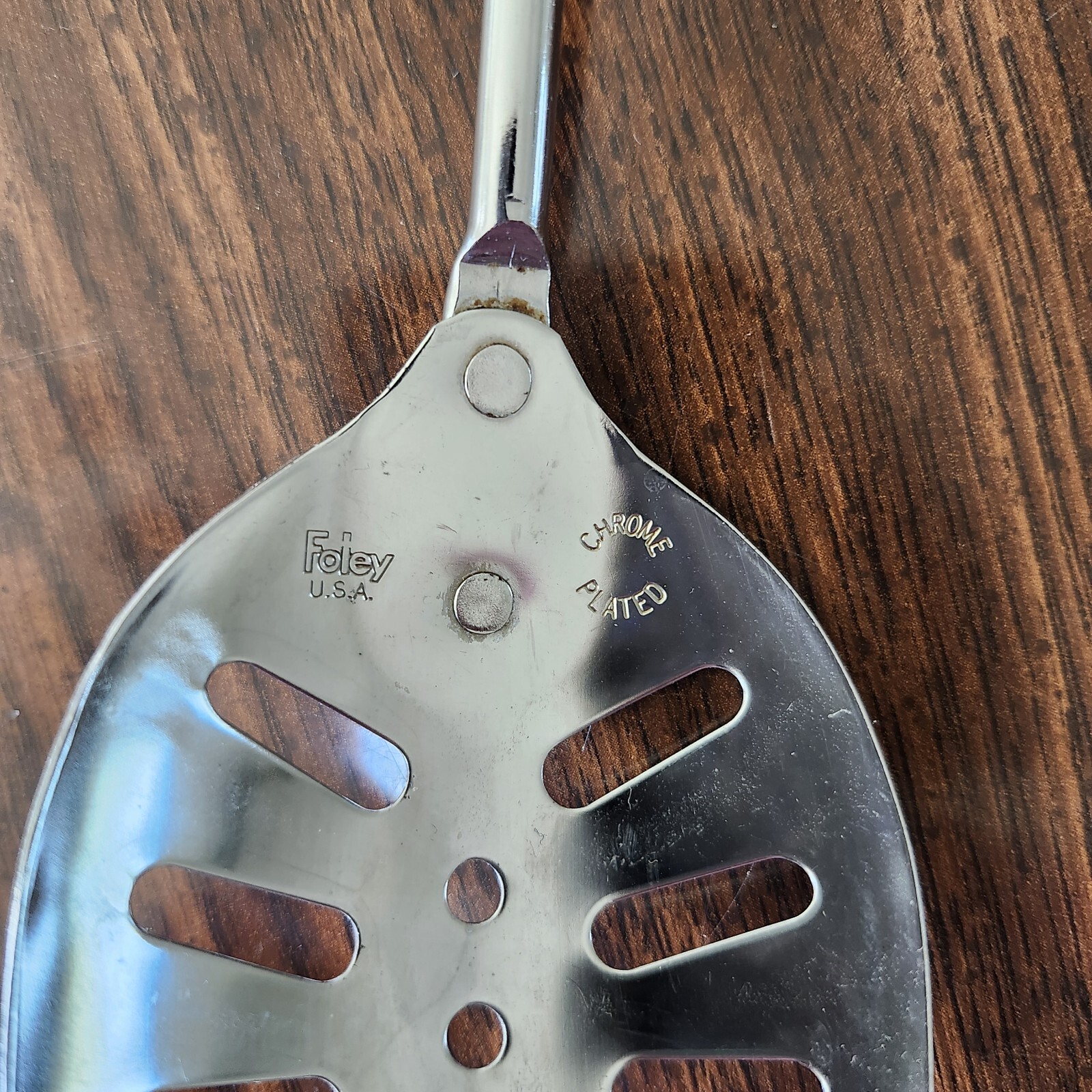 Vintage Foley Slotted Serving Spoon Utensil Chrome w Black Handle USA