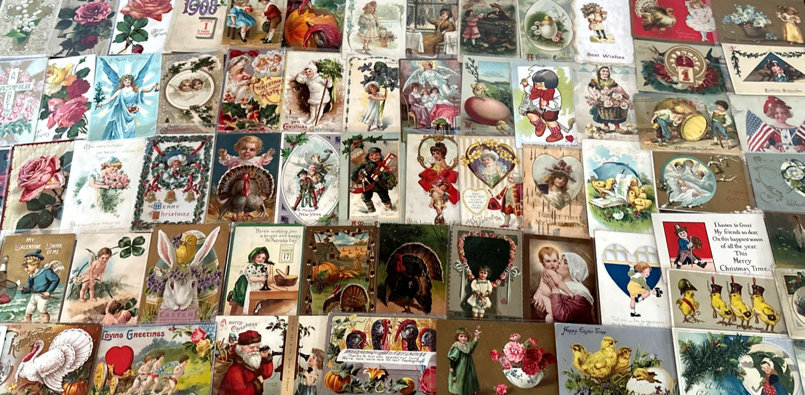 Huge~Lot of 100 Antique 1900’s Holidays Greetings Postcards~2 Santa’s~in sleeves
