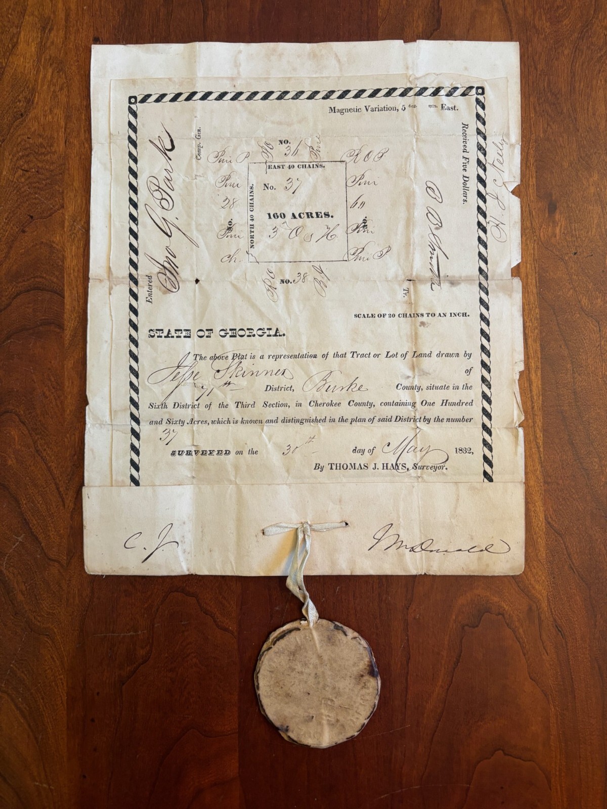 1843 State of GEORGIA LAND GRANT In District, BURKE County [CHEROKEE County] GA