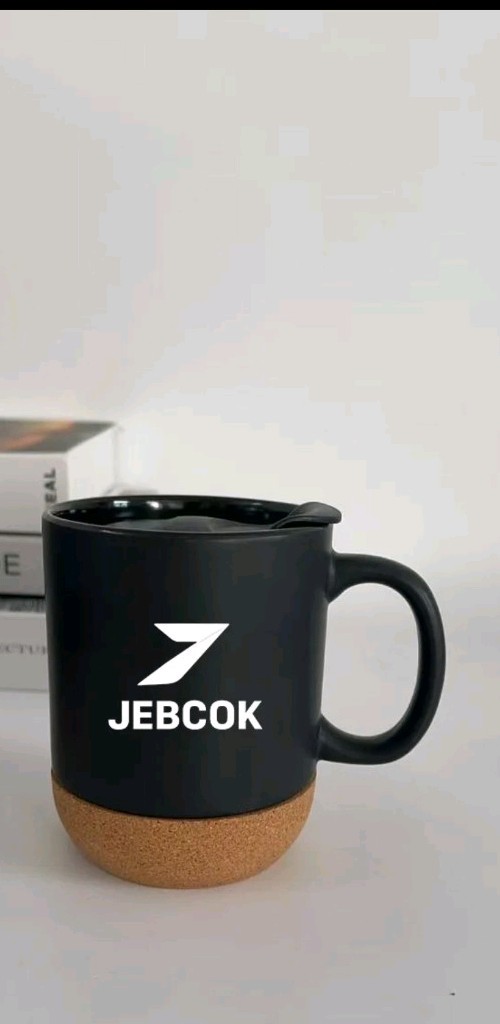 JEBCOK Black Ceramic Mug with Cork Base and Drink Through Lid