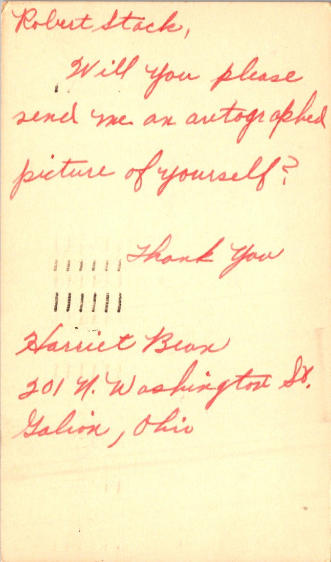 1943 Robert Stack Fan Mail Postal Card Harriet Beax Galion Ohio Auto Request