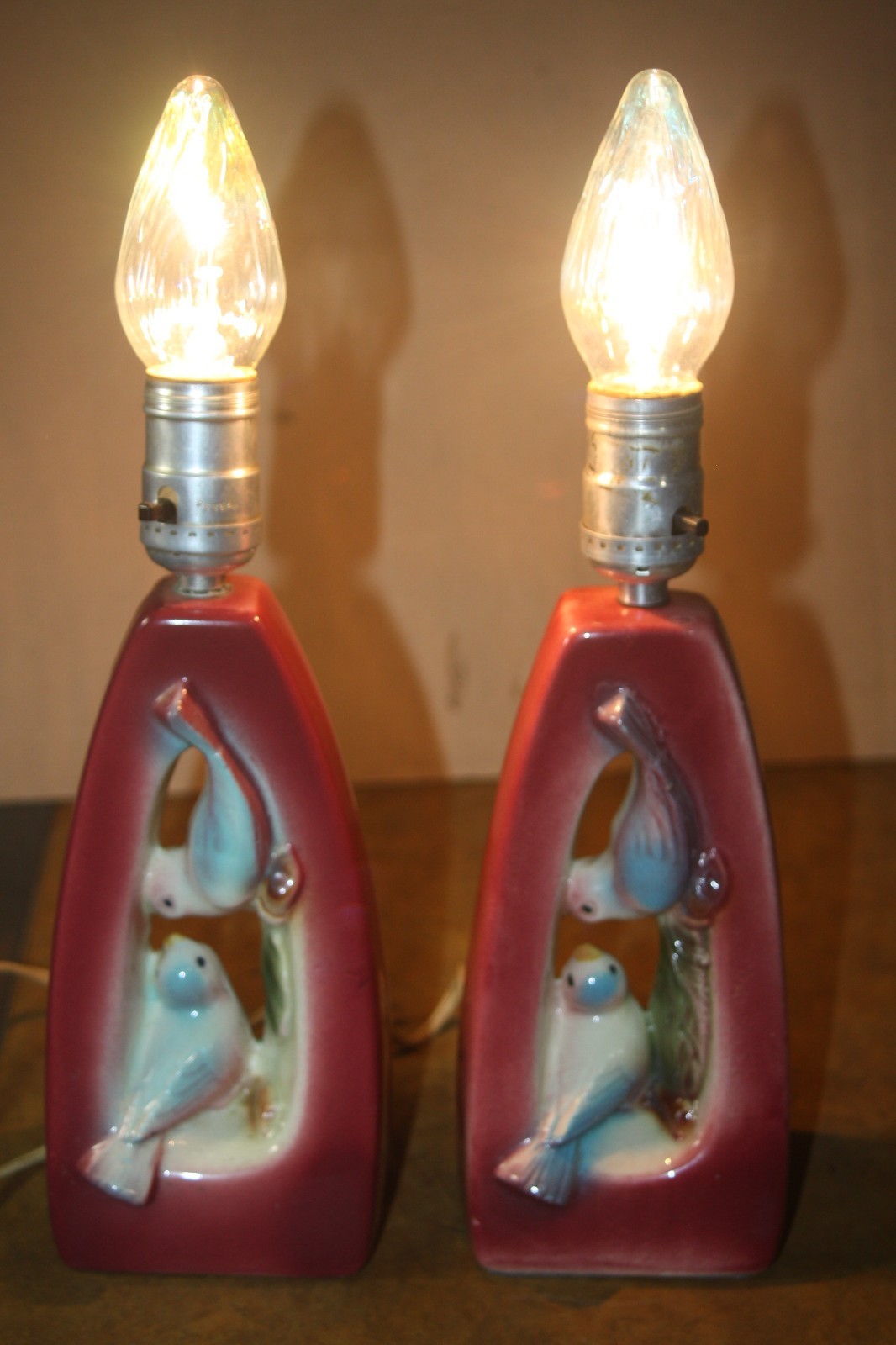 Vintage Pair 1950’s Royal Copley Art Pottery “Birds in the Bower” Maroon Lamps