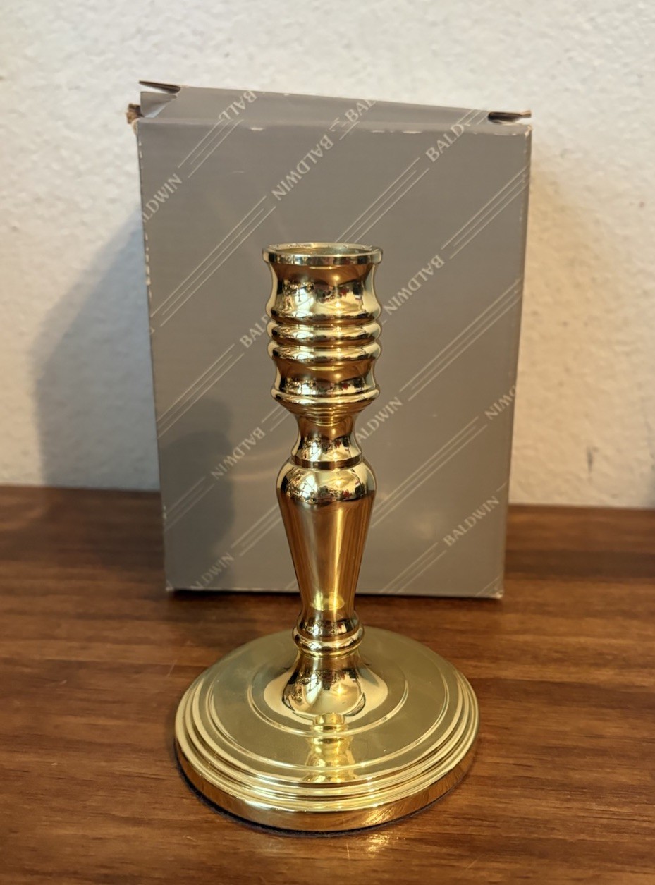 BALDWIN Polished Brass Candlestick in Box, Round Base #7285 – 5″