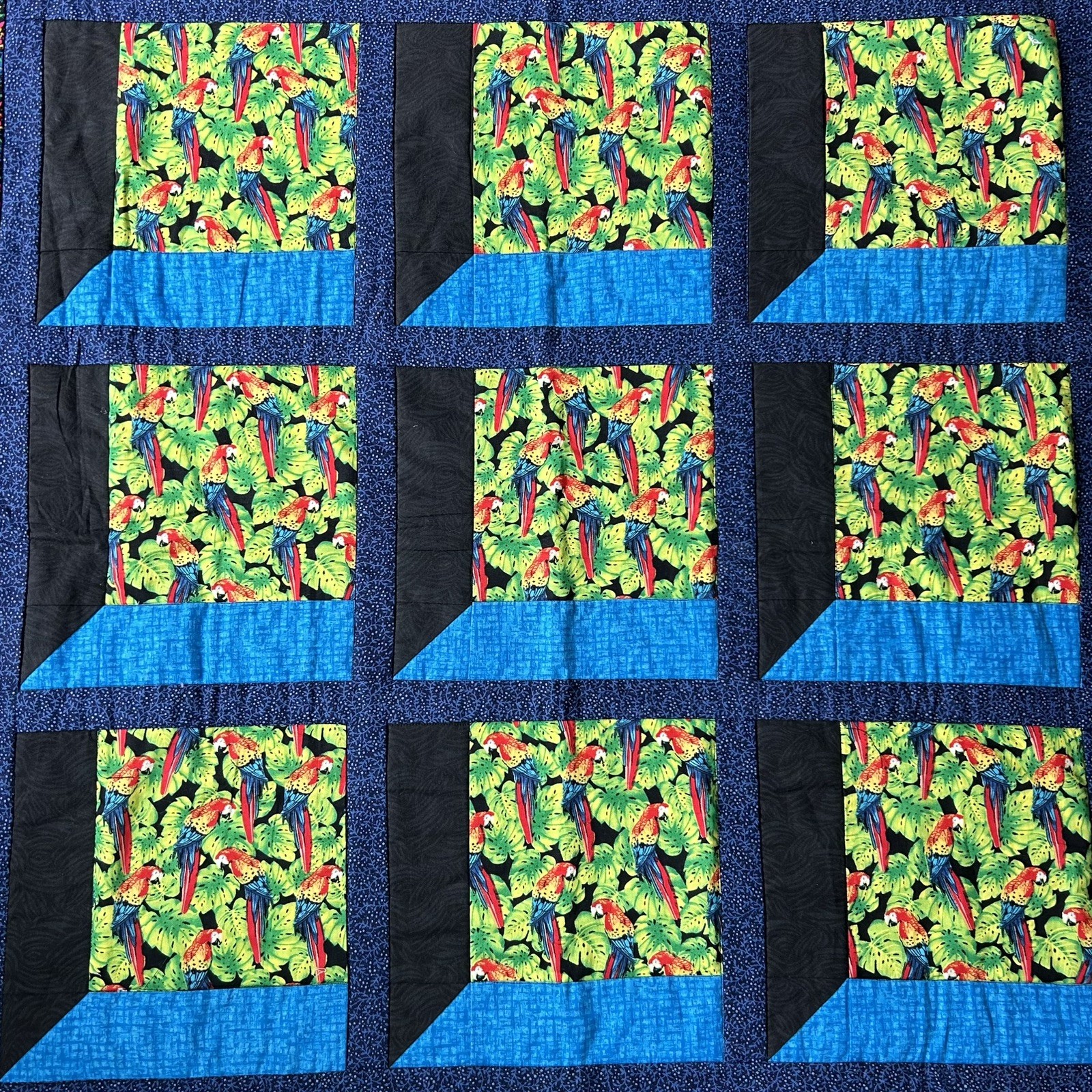 Handmade QUILT Attic Window Pane Patchwork Blue Tropical Bird Macaw 36” x 36”