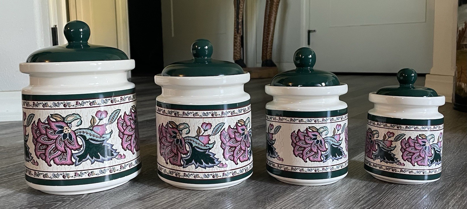Preferred Stock ‘Paisley Garden” Canister Set Of 4 Green Pink White Vintage Read