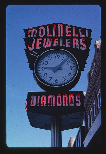 Photo:Molinelli Jewelers street clock, neon, Main Street, Pocatello, Idaho