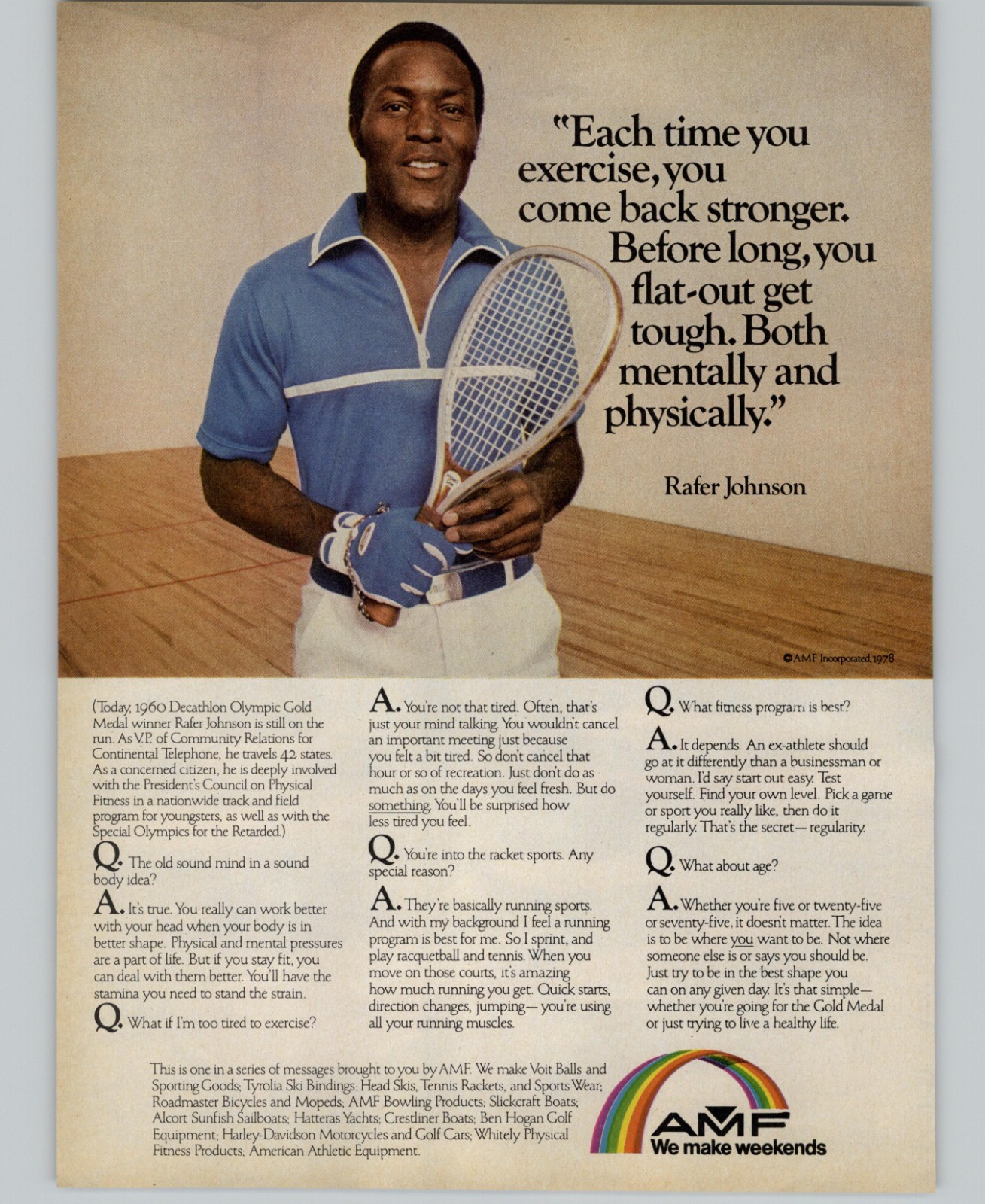1980 Vintage Print Ad AMF Sporting Goods Rafer Johnson Decathlon Winner Photo