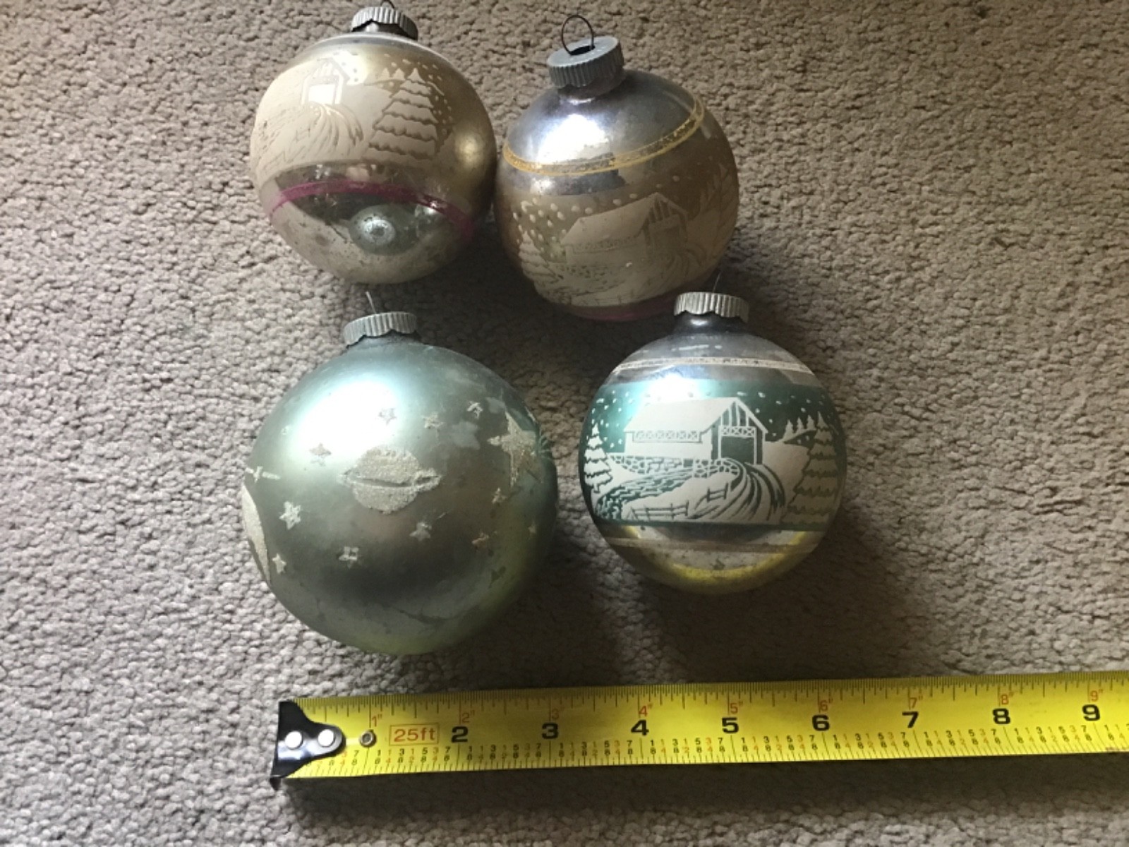 4 VTG Shiny Brite Stenciled Ornament Covered bridge planet estate as found