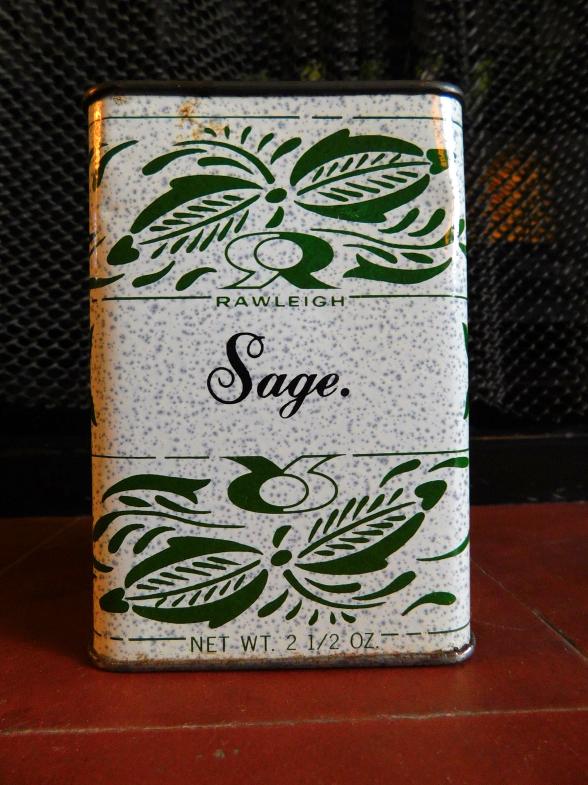 2.5oz Rawleigh Sage Tin 4.75″ X 3 1/8″ X 2″ Empty Vintage Green White Black
