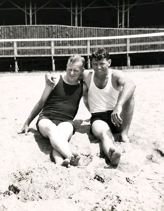 MEN AT THE BEACH Vintage Old Photo Man Puts Arm Around Man in Swimsuit Snapshot