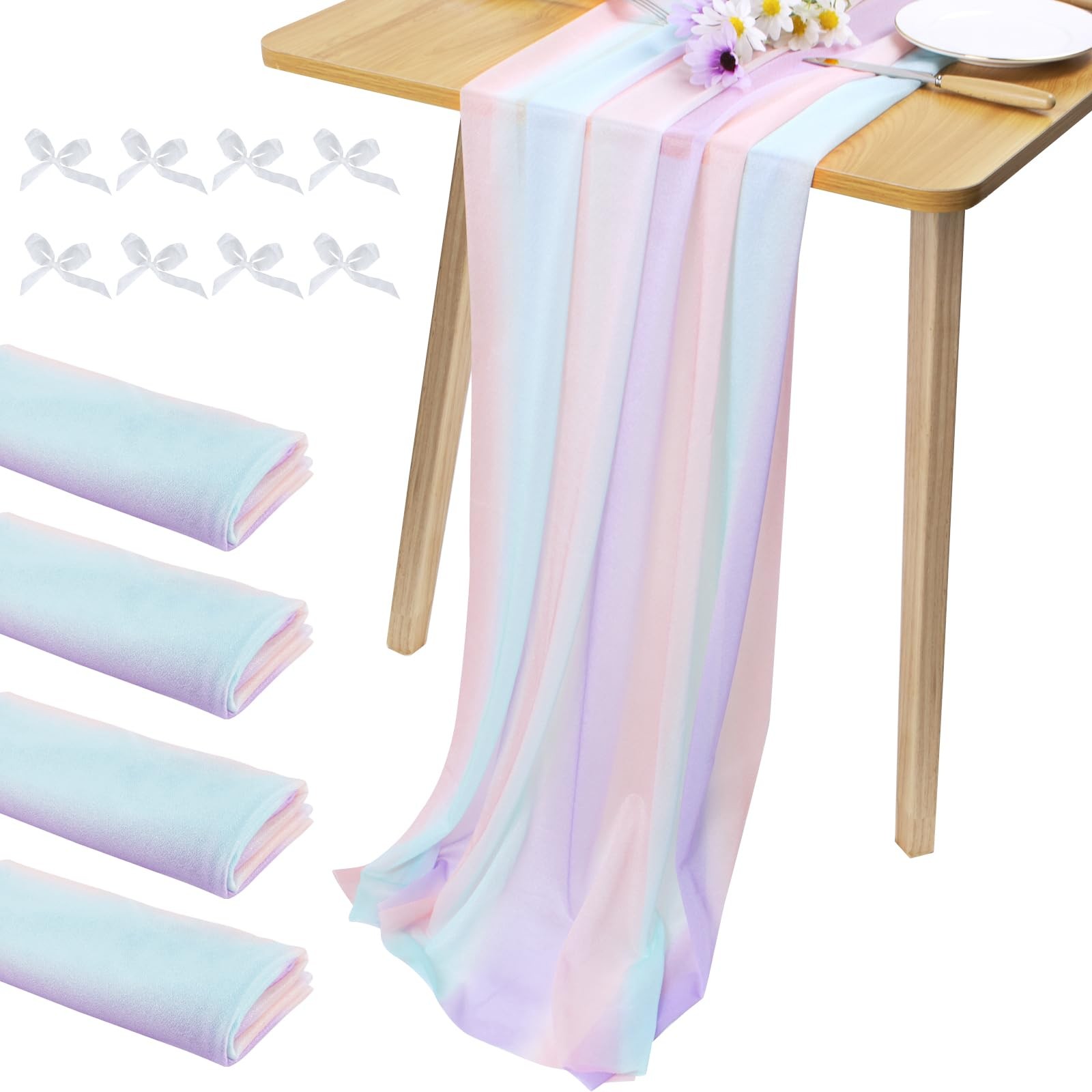 JeogYong 4 Pcs Chiffon Table Runner 30 x 118 Inch Sheer Tulle Rainbow Iridescent