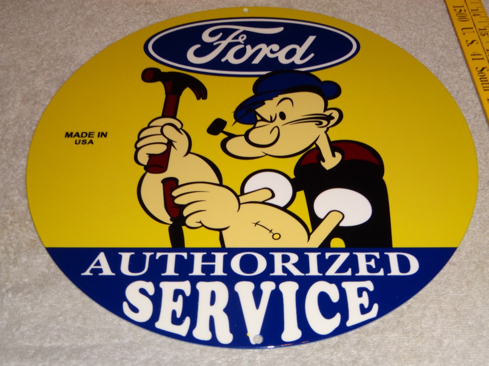 VINTAGE FORD SERVICE W/ POPEYE THE SAILOR MAN 12″ ENAMEL METAL GASOLINE OIL SIGN