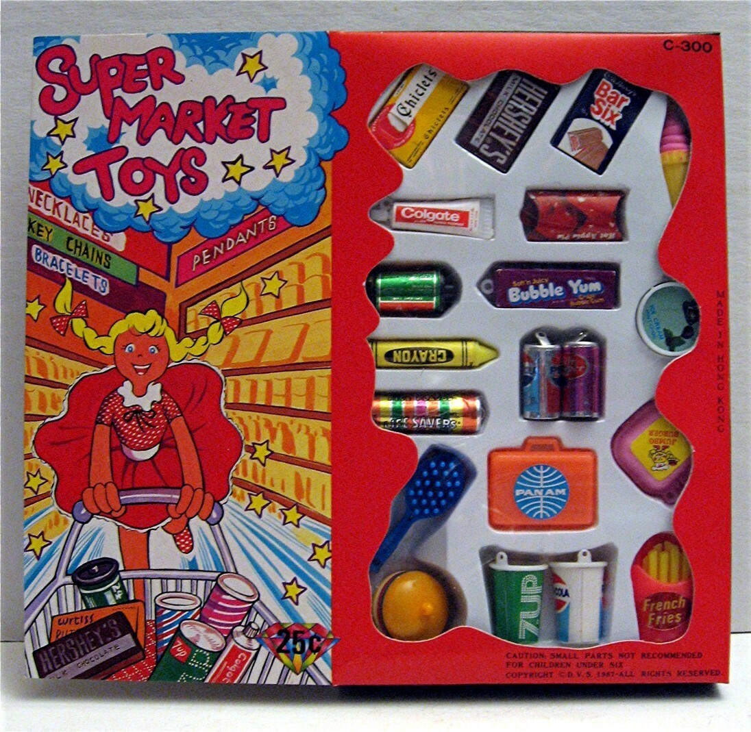 20 Super Market Toy Charms in Original 1987 Display Box Unused Old Store Stock