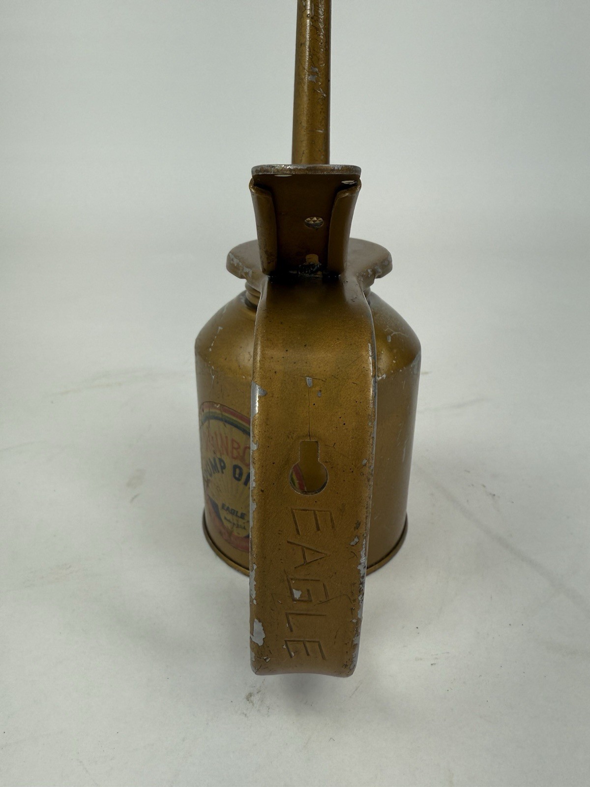Eagle Rainbow Pump Handy Oiler Gold 10″ Vintage Can
