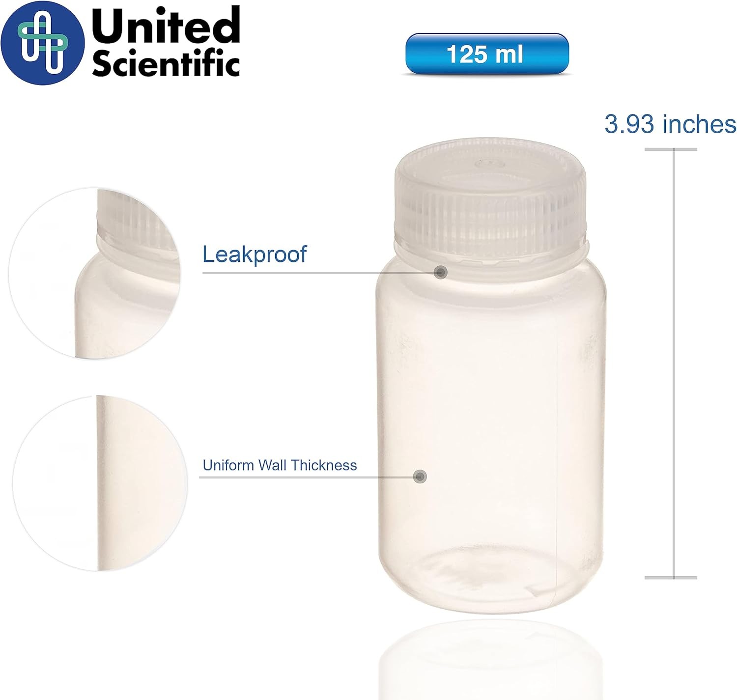 United Scientific™ Sample Bottle, 4 oz Bottles with Lids, Polypropylene Small Li