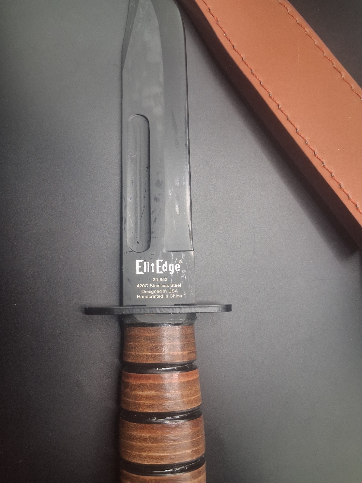 Elit Edge Combat Fixed Blade Knife Stacked Leather Handle Sheath KABAR style