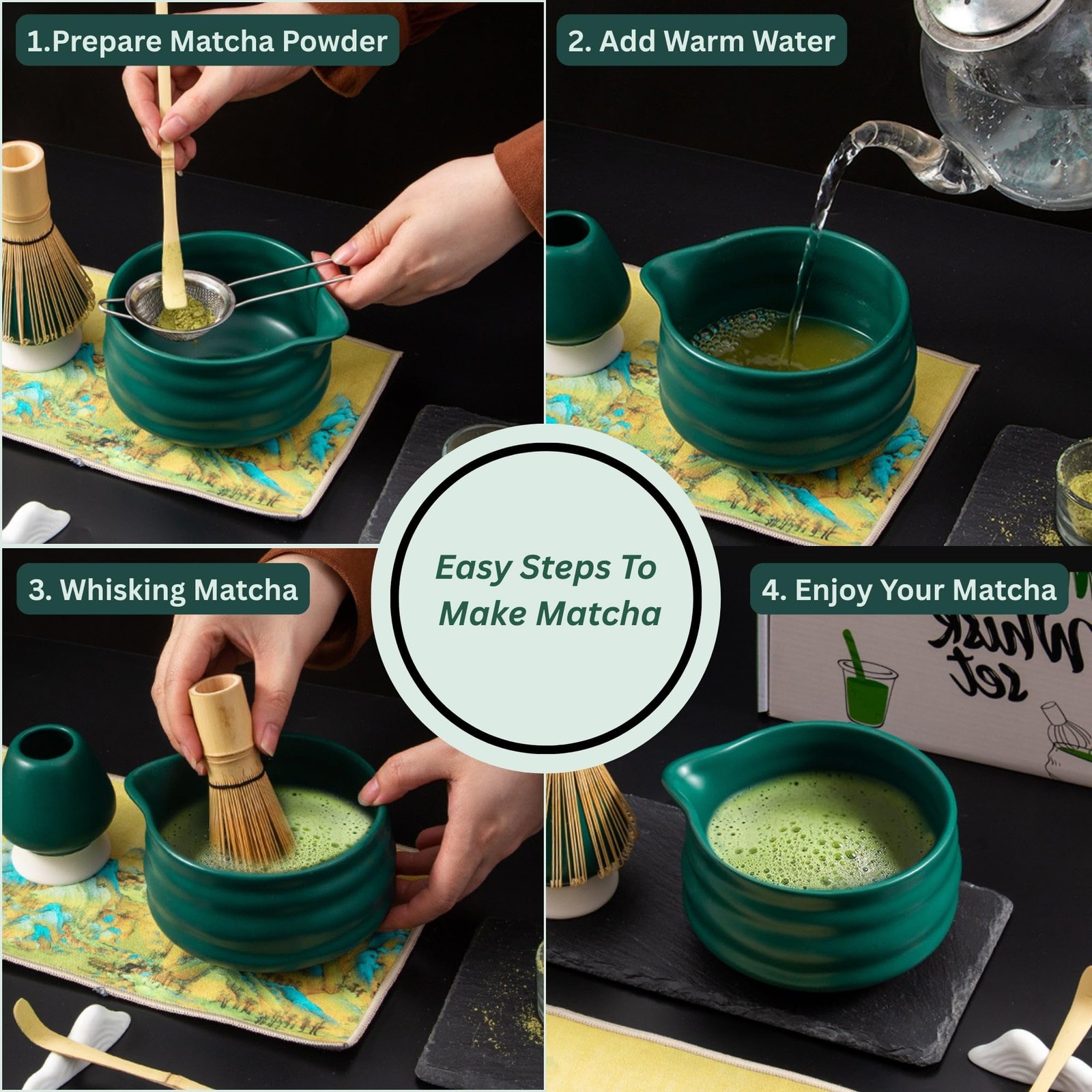 7PCS Ceramic Matcha Set – Traditional Japanese 9.85*7.87*4.52, Dark Green