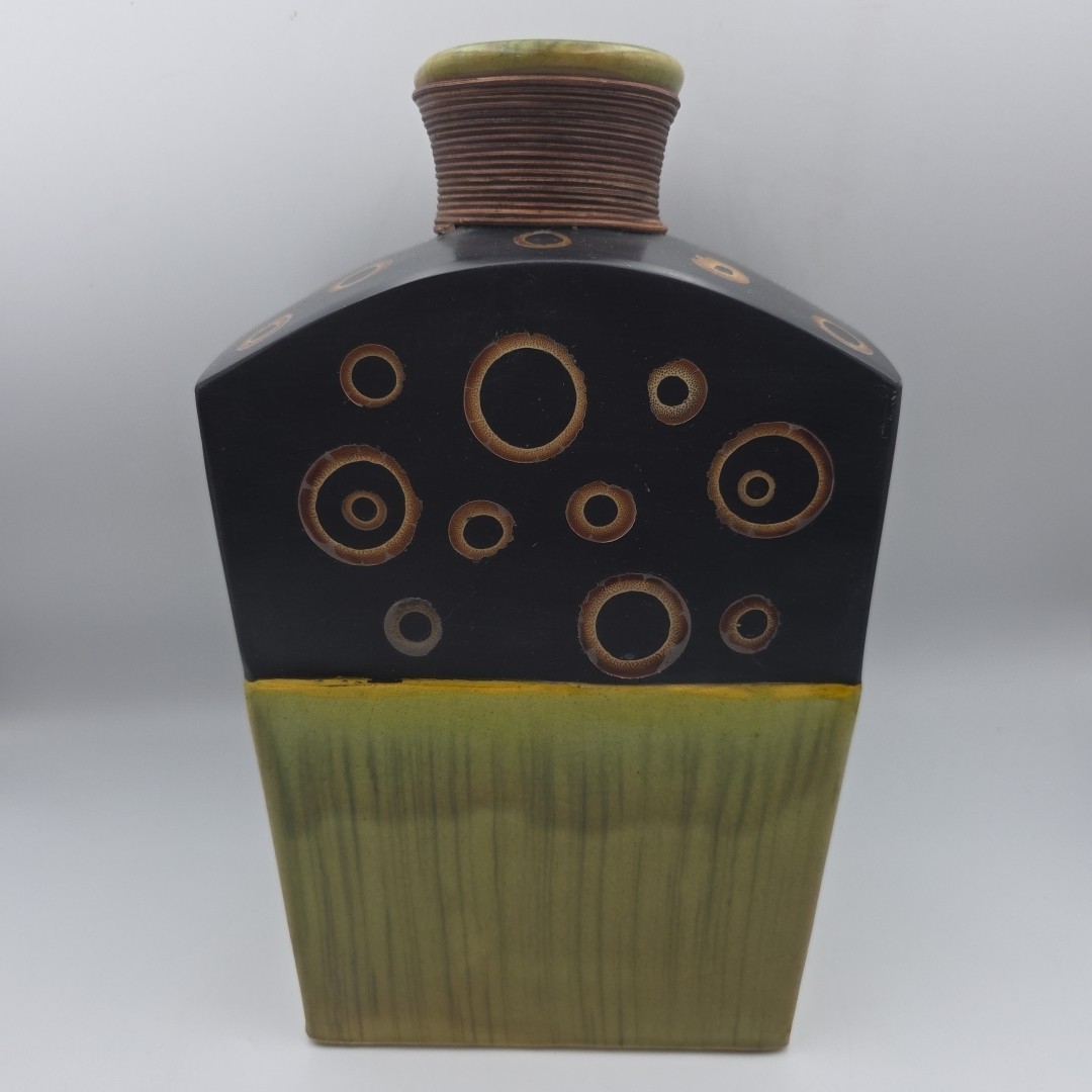 Vintage Pier 1 Black and Green Abstract Vase With Circles 12.25″