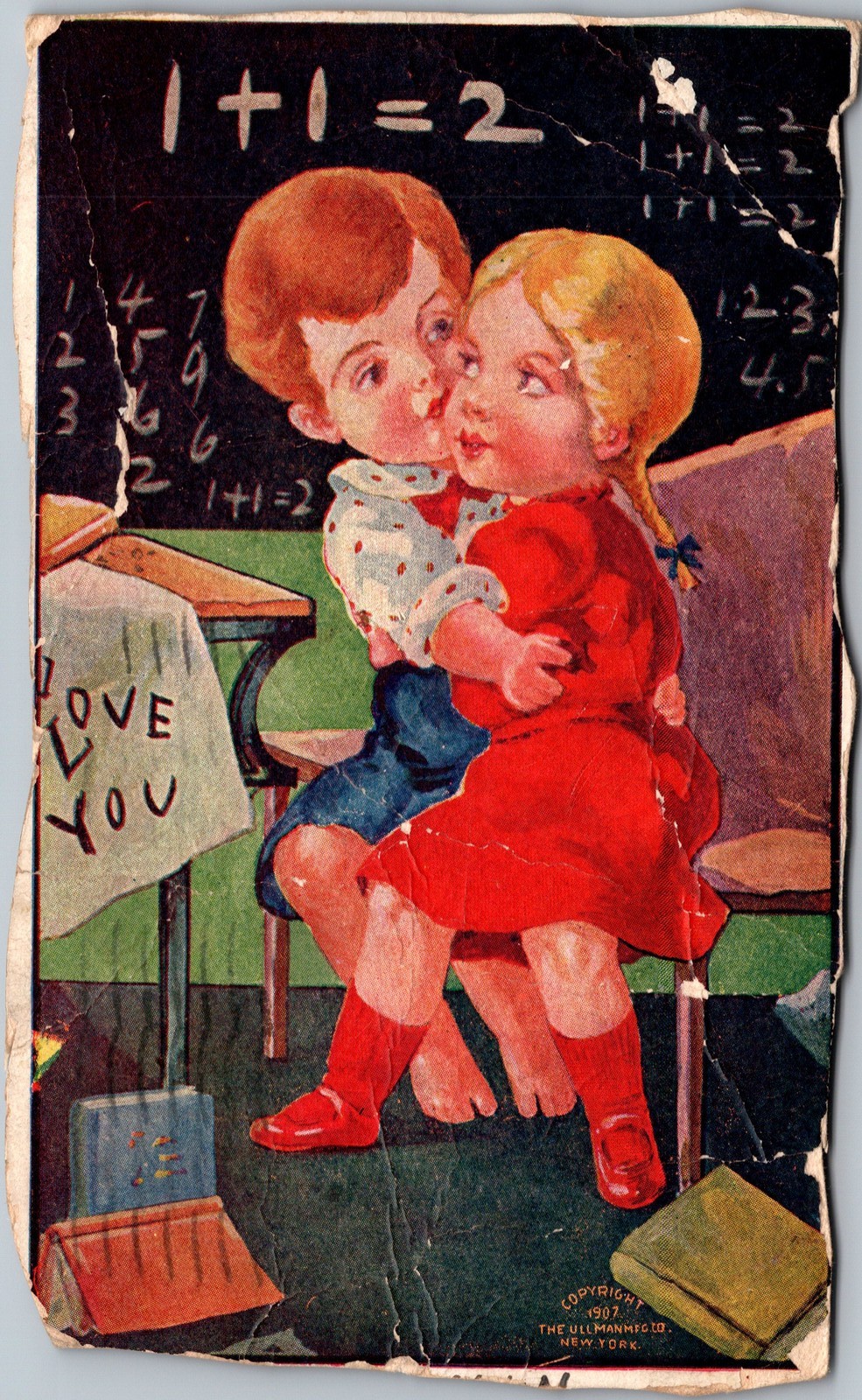 Postcard Boy and Girl students kissing in class — damage cut on all sides