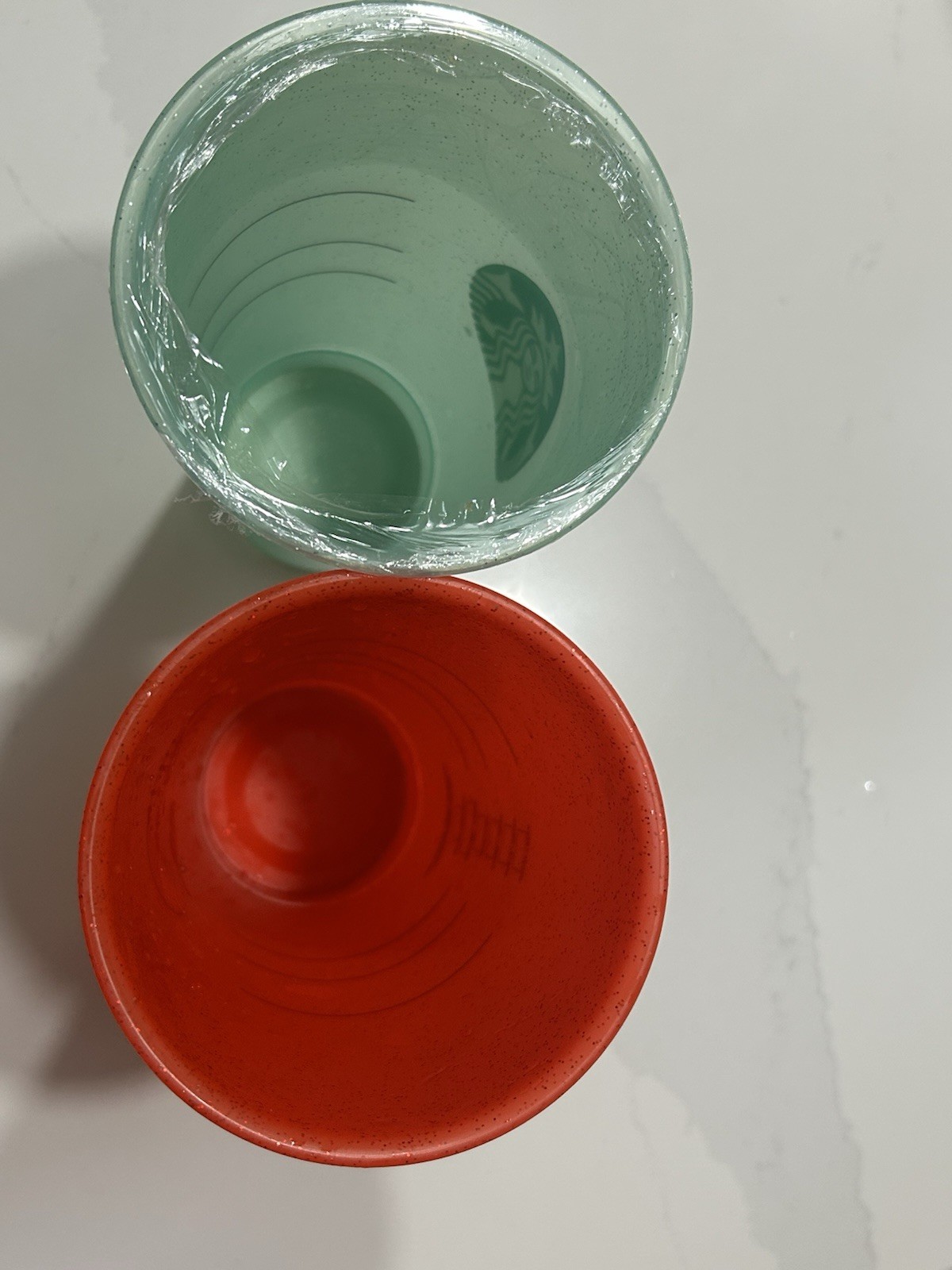 Starbucks Green & Red Plastic Cold Drink Cups Set with Logo & Markings