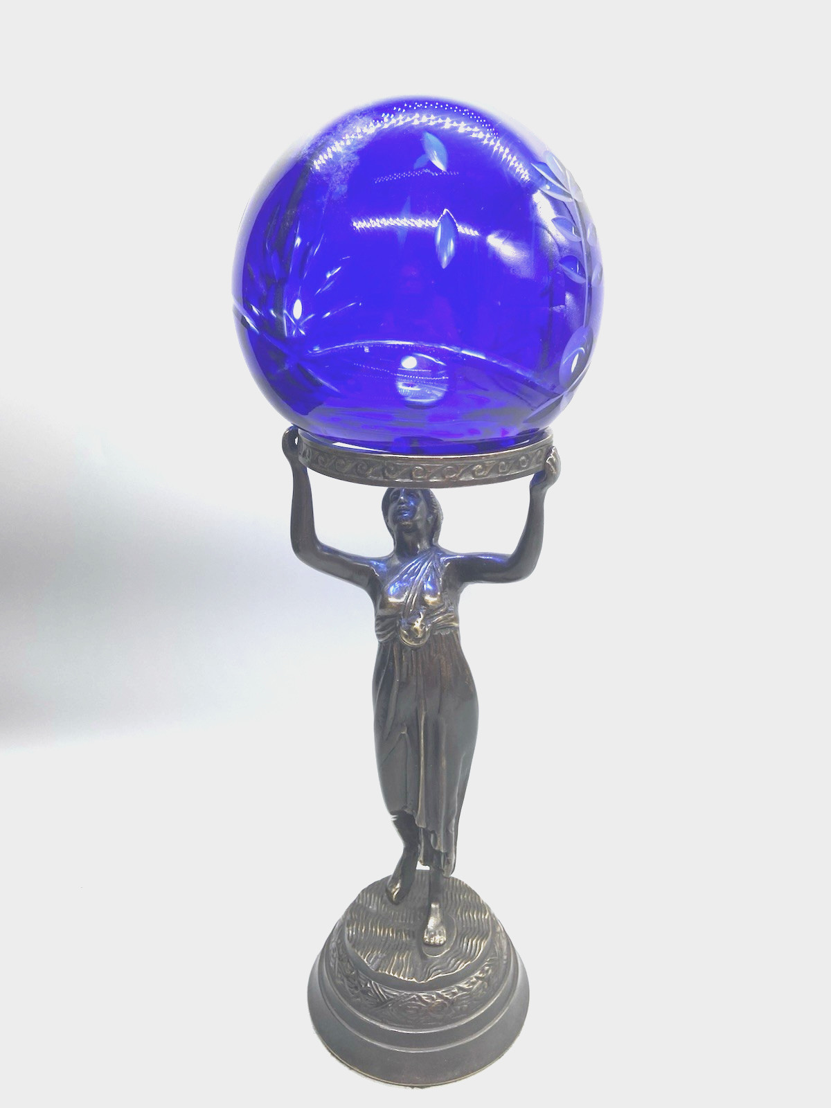 Stunning Art Deco Nymph Lamp Base w/5″ Hand-Cut Romanian Cobalt Crystal Globe