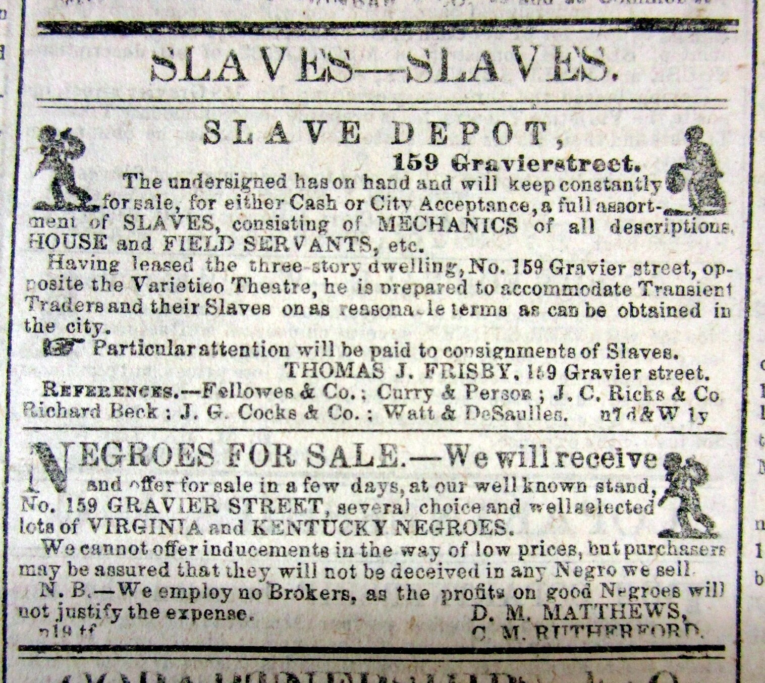 1854 New Orleans LOUISIANA newspaper w 2 illustrated Ads – NEGR0 SLAVES FOR SALE