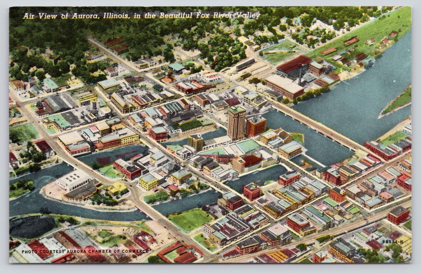 Air View of Aurora IL Illinois in the Beautiful Fox River Valley 1940s Postcard