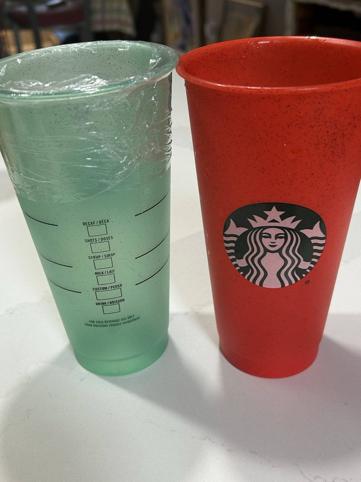 Starbucks Green & Red Plastic Cold Drink Cups Set with Logo & Markings