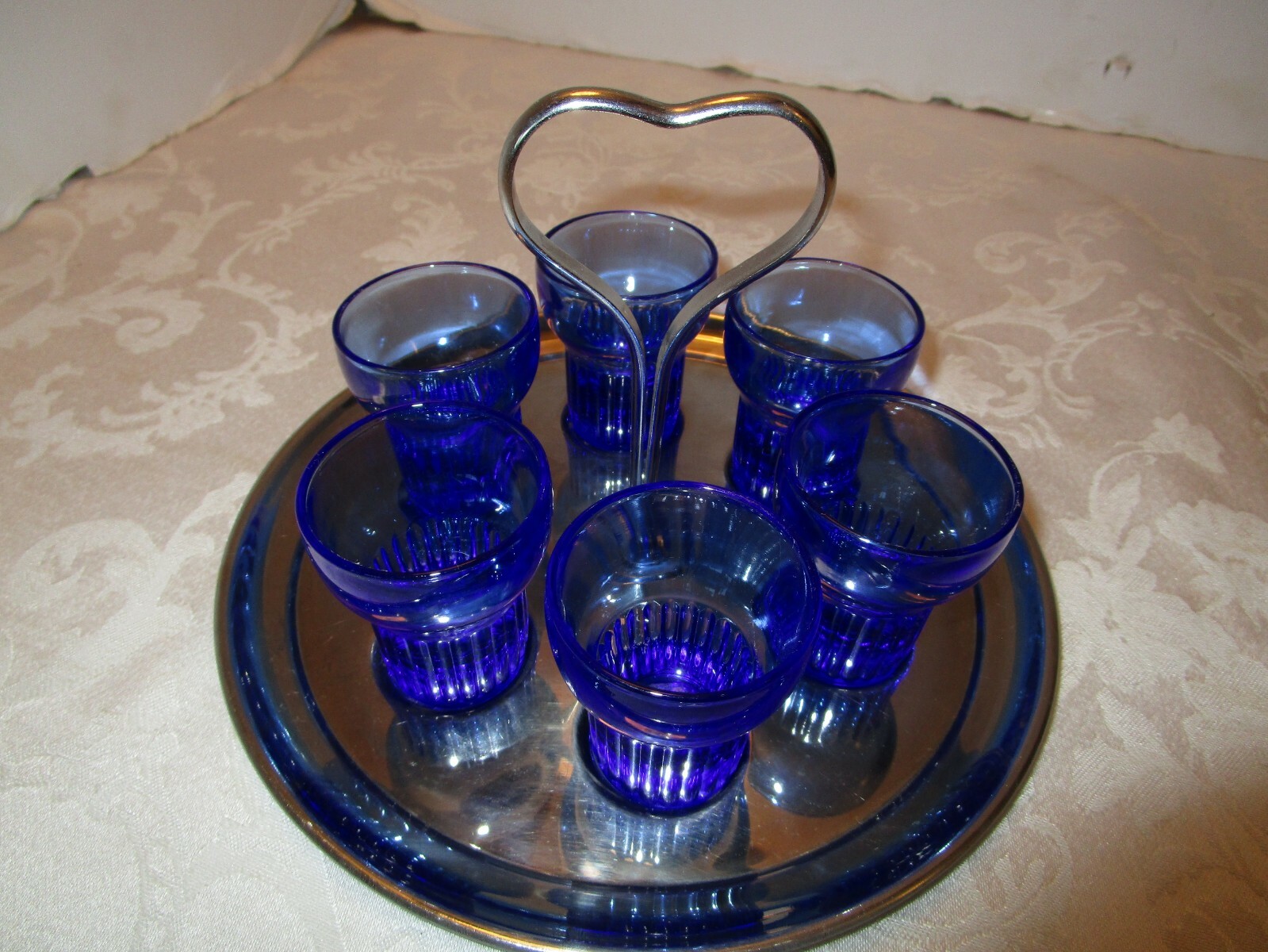 Vintage Art Deco Barware Set 6 Cobalt Blue Shot Glasses in Metal carrier 1930’s