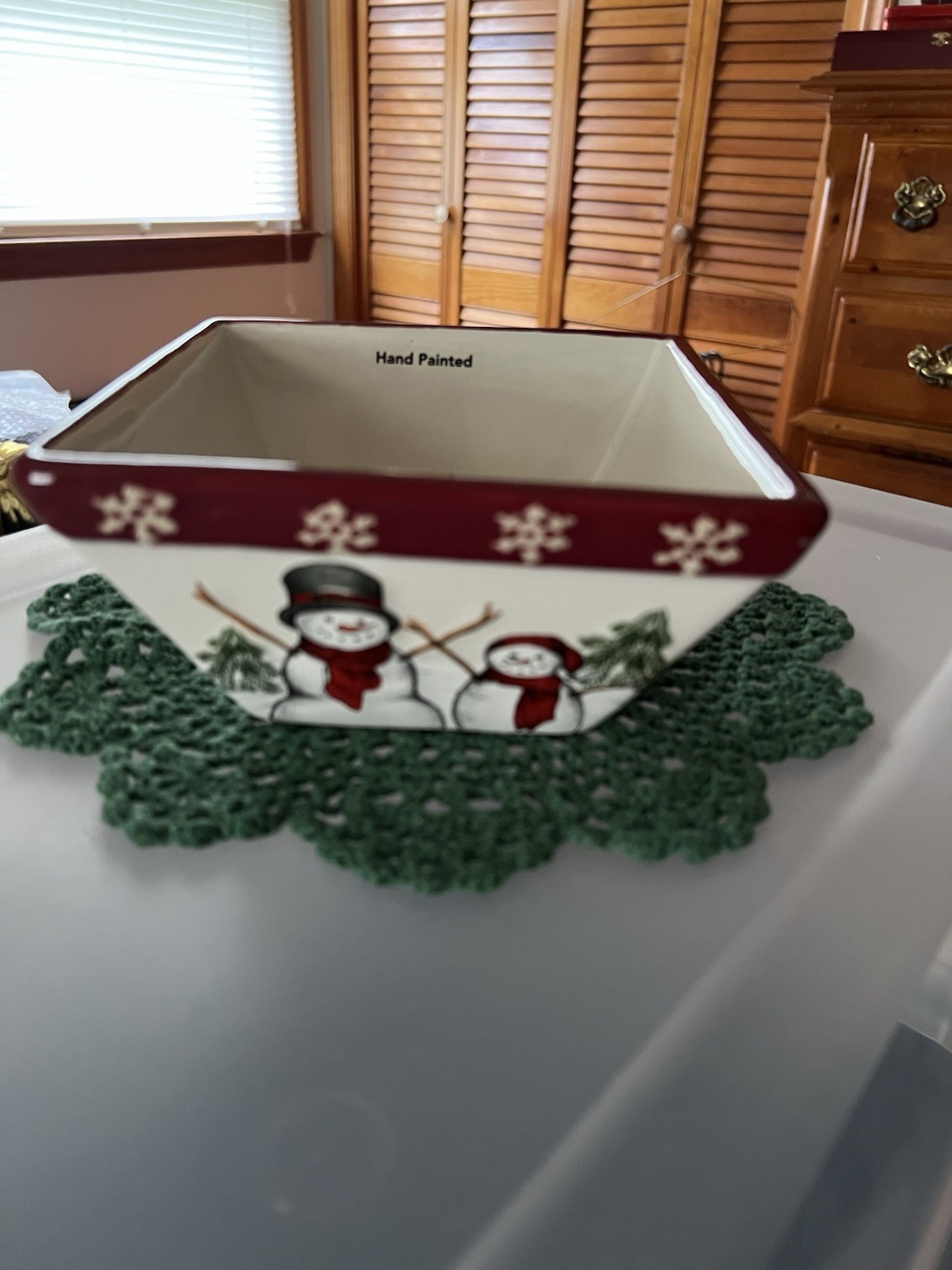 Snowman ceramic Candy dish. 6 inches wide, 3 inches high. heavy