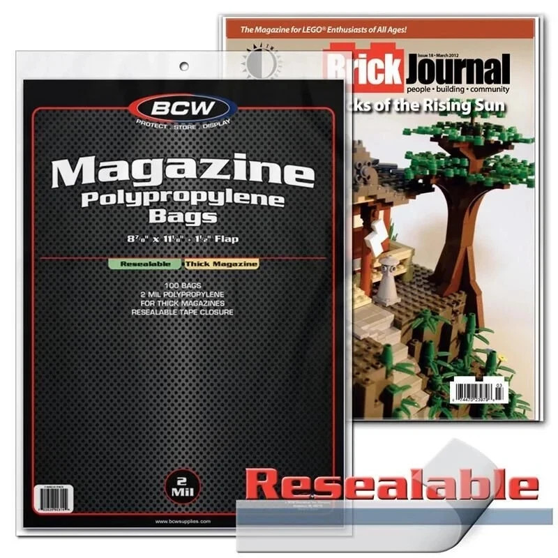 100 BCW 2-Mil Magazine Resealable Thick Bags & Boards Acid Free Safe Storage