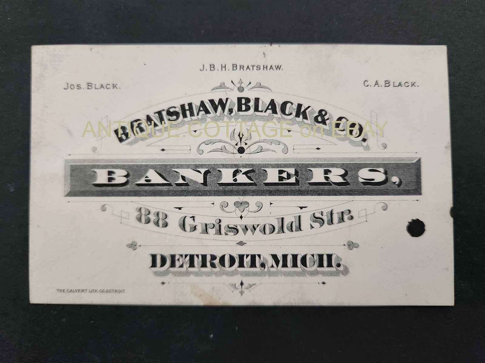 1800s antique BRATSHAW BLACK & CO detroit mi BUSINESS CARD bankers