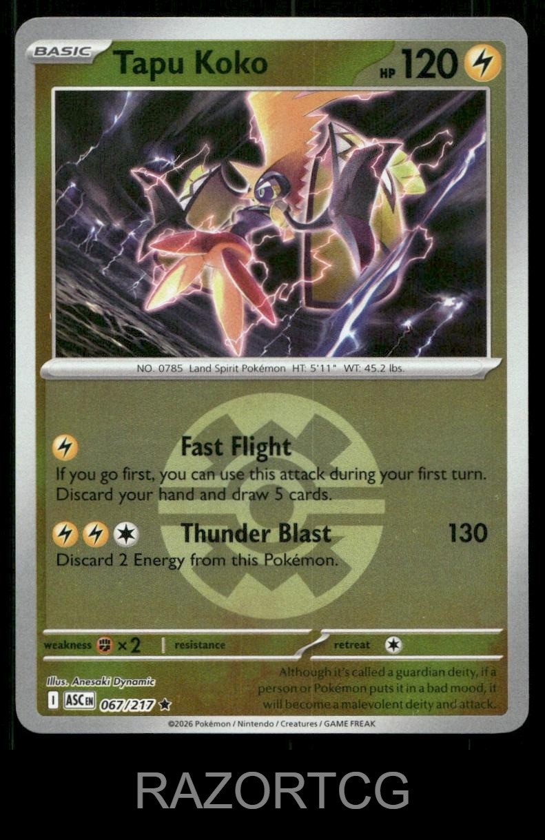 TAPU KOKO (QUICK BALL) 067/217 HOLO R ASCENDED HEROES POKEMON REVERSE HOLO NM/M