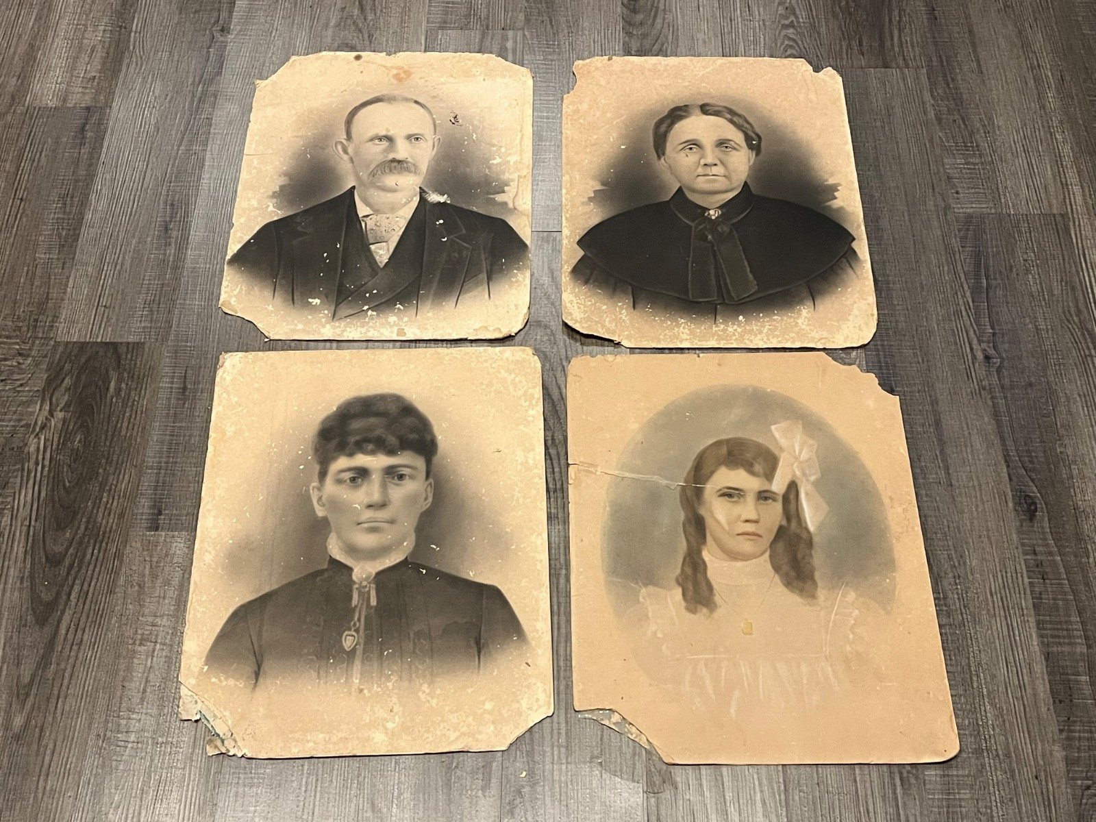 Lot of 4 Antique 1880’s Charcoal Portraits 19×15 POOR CONDITION Collectible