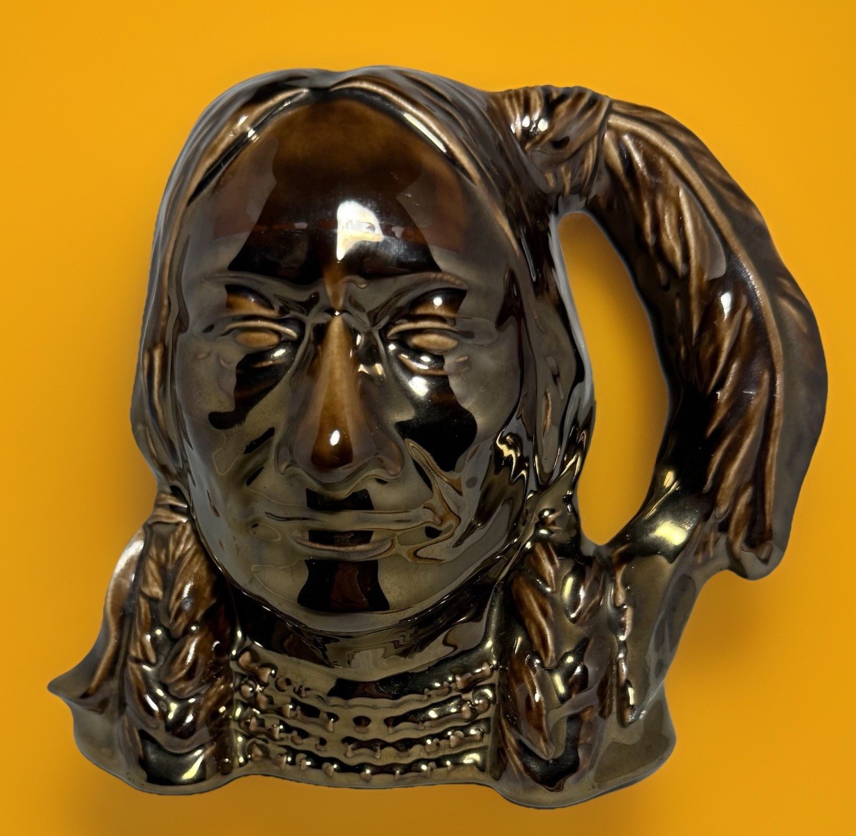 Vintage Rare Ceramic Mug or Vase Native American Head Bronze Metallic Glaze