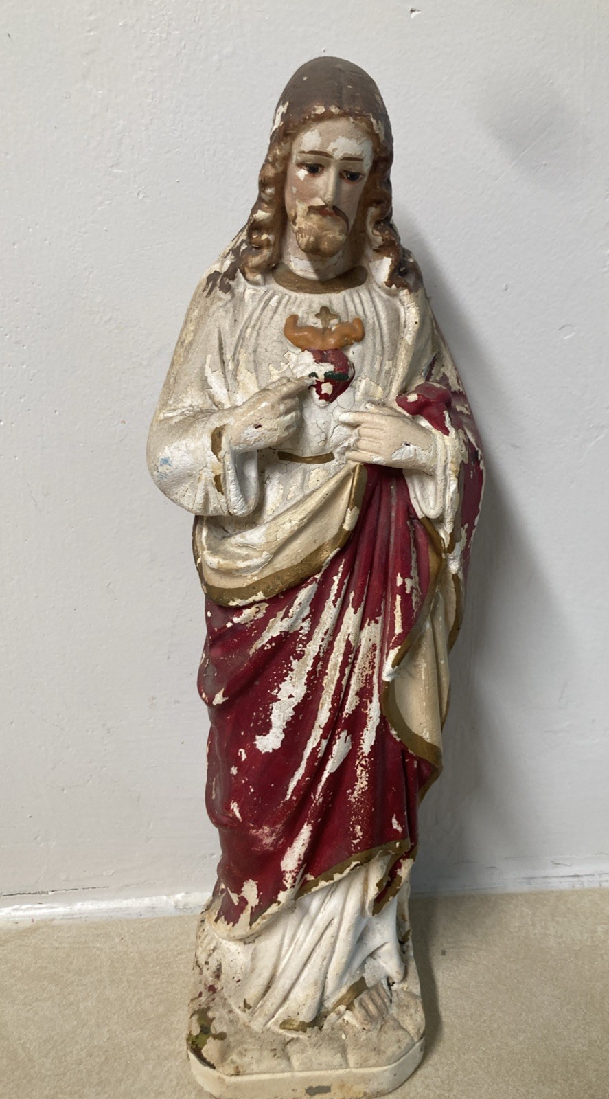 Vtg Tall Sacred Heart of Jesus Chalkware Catholic Statue 13” CONDITION