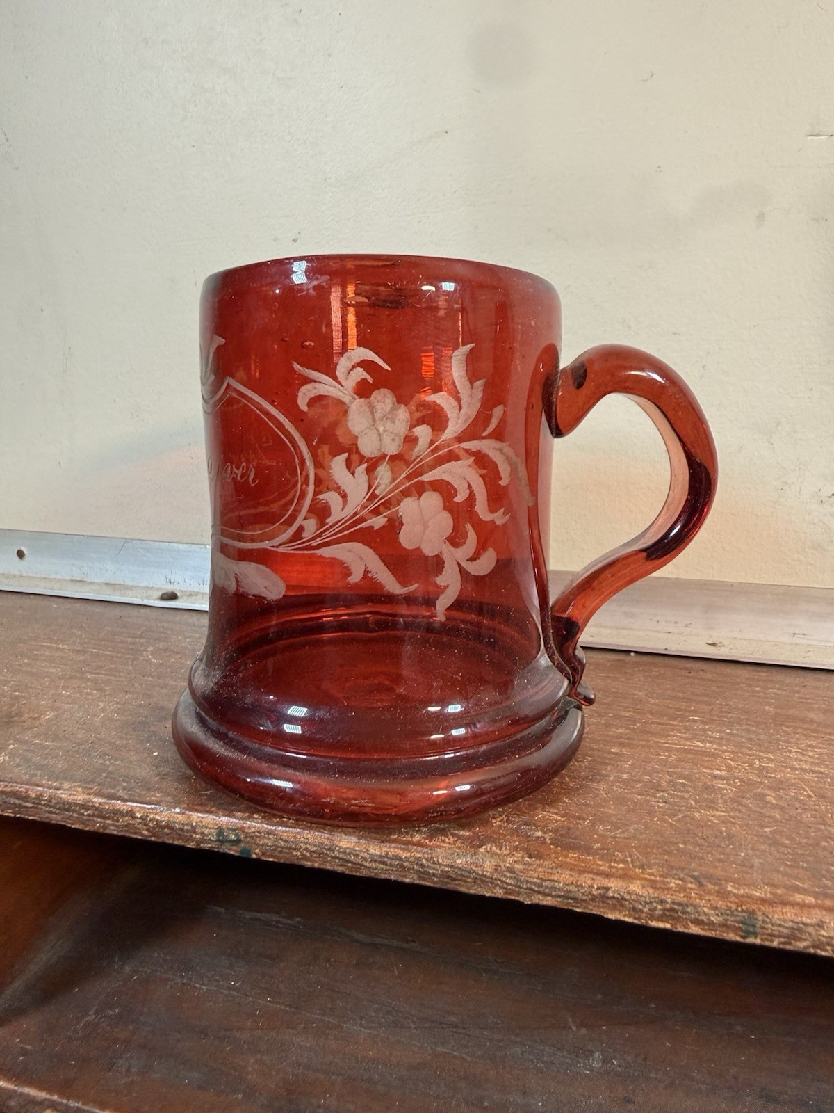 Antique Ruby Flash Glass Cup with Love the Giver & Floral Design