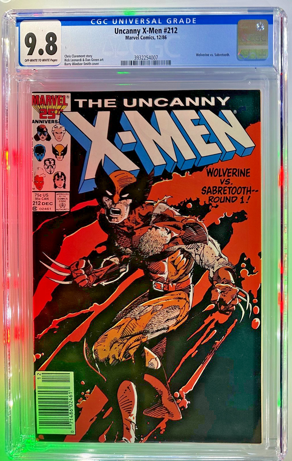UNCANNY X-MEN #212 (Marvel 12/86) Newsstand Variant White pages CGC 9.8