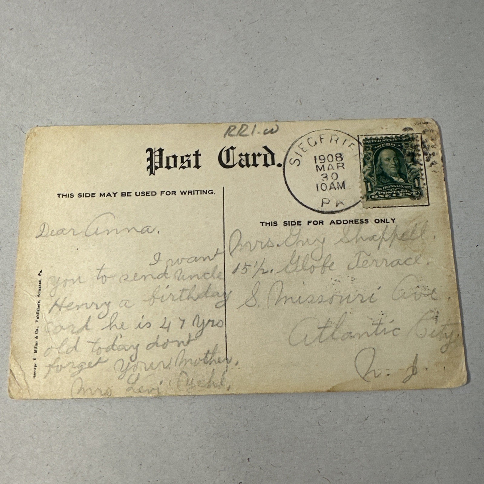 Siegfried Pennsylvania Lehigh River Laurel Antique Divided Back Postcard Posted