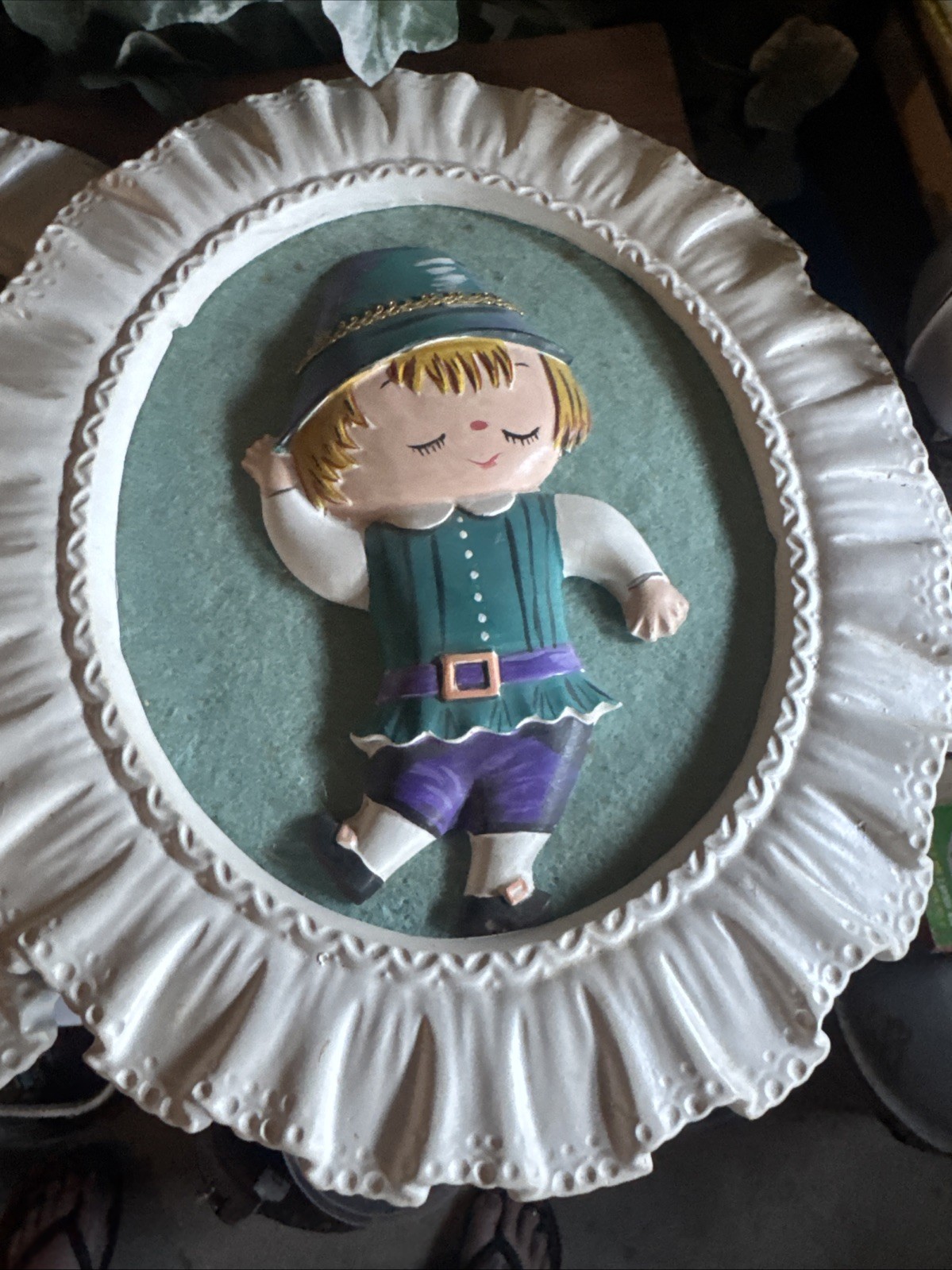 Chalk Ware 3D Wall Plaques Set Victorian Man Woman in Blue Vintage Triangle Two